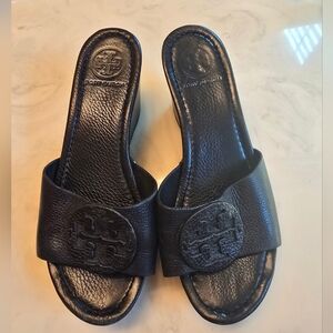 Tory Burch Black Leather Wedge Clog Sandals Size 7.5